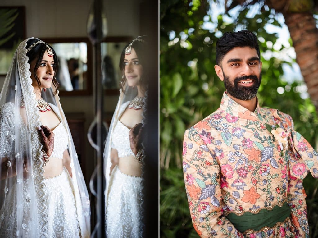 Indian-Wedding-in-Maui-_0007 - Ann Arbor Wedding Photographer Side by side photo of the bride holding her veil and looking out of the window. The next photo is of the groom dressed and smiling at the camera.