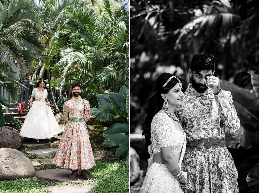 Indian-Wedding-in-Maui-_0008 - Ann Arbor Wedding Photographer Side by side photos of a woman coming up to a man. They're both in wedding attire as she walks down the steps and he stands among greenery. The second photo the man is wiping away a tear while holding his bride to be.