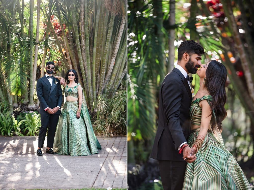 Indian-Wedding-in-Maui-_0030 - Ann Arbor Wedding Photographer Two photos side by side of a groom wearing a black tuxedo and a bride wearing a green and gold dress. They're standing in front of greenery. One photo they're posing and looking at the camera while wearing sunglasses. The next photo they are smiling and going in for a kiss while holding hands.