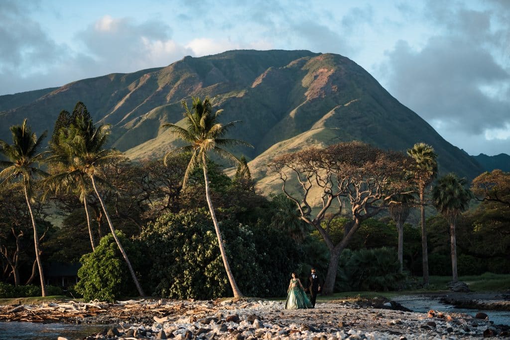 Indian-Wedding-in-Maui-_0038 - Ann Arbor Wedding Photographer Couple standing on a rocky beach with beautiful lush mountains behind them and palm trees.