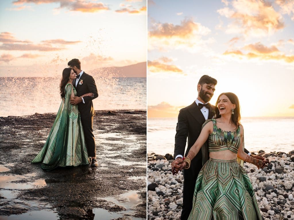 Indian-Wedding-in-Maui-_0040 - Ann Arbor Wedding Photographer A couple in formal Indian attire standing on a rocky beach while the sun sets behind them